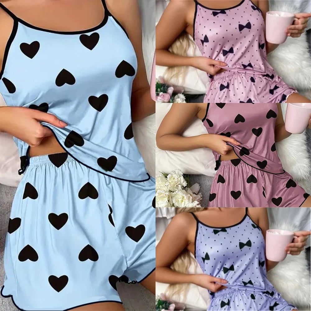 Pijama Feminino de Verão com Estampa de Coração